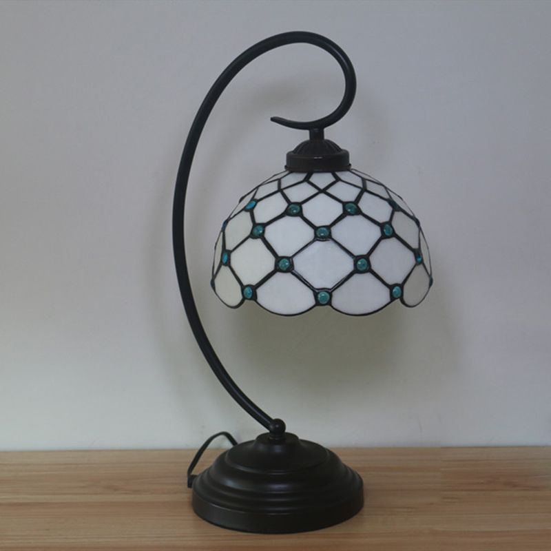 Bronze Bowl Night Table Lamp Tiffany 1 Head Beige/White Glass Clear/Blue/Green Beaded Patterned Desk Light with Swirl Arm