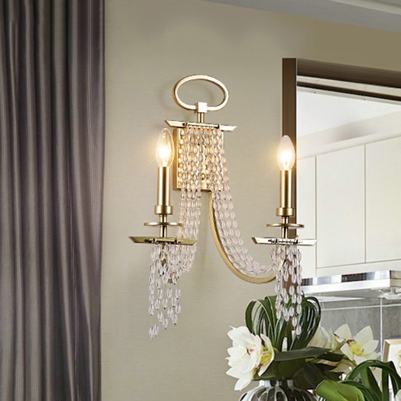 Rustic Candle Wall Mount Lamp 2 Lights Crystal Wall Sconce Lighting in Gold for Dining Room