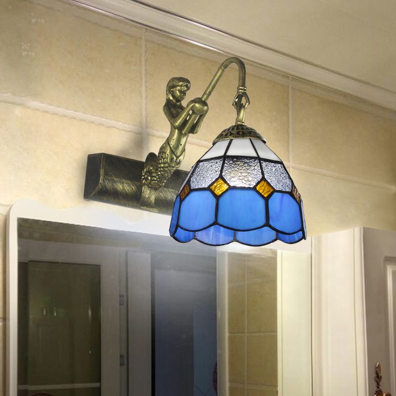 Dome Wall Light Fixture 1 Head Blue/Clear Glass Baroque Sconce Lighting with Mermaid Backplate