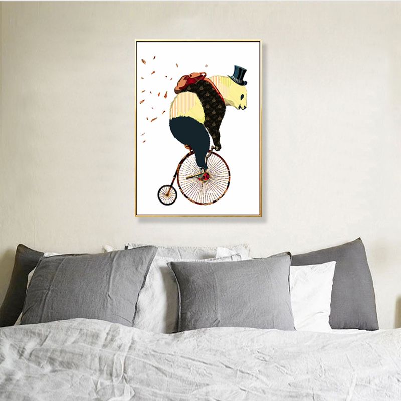 Illustrated Panda Riding Wall Art Kids Cool Animal Canvas in Dark Color for Bedroom