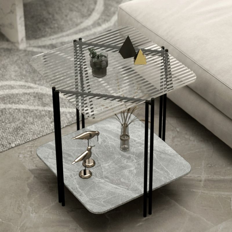 Modernistic Glass Top Square End Table 23.7" Tall Side Table with Shelf
