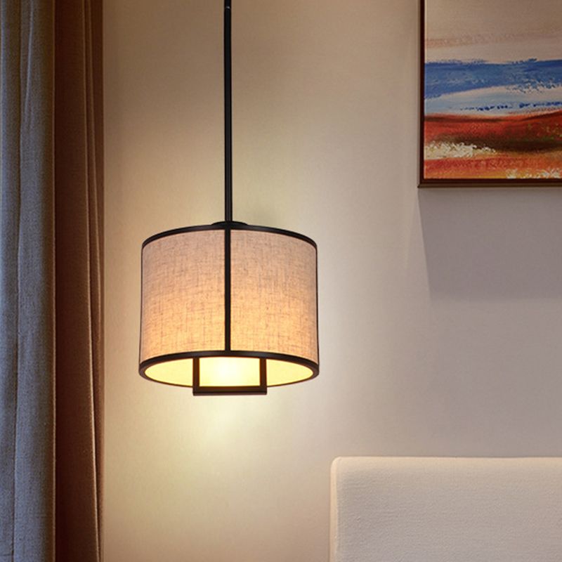Single Light Fabric Drum Pendant Light Minimalist Living Room Hanging Light with 47" Carbon Steel Hanging Rod