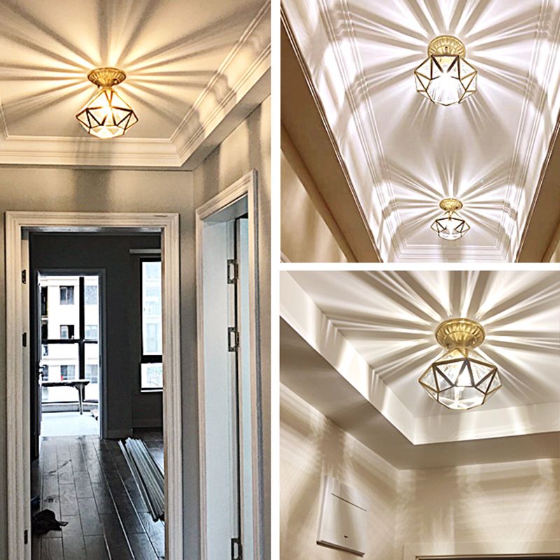 Brass Shaded Semi Flush Ceiling Light Vintage Glass Aisle Ceiling Mounted Light