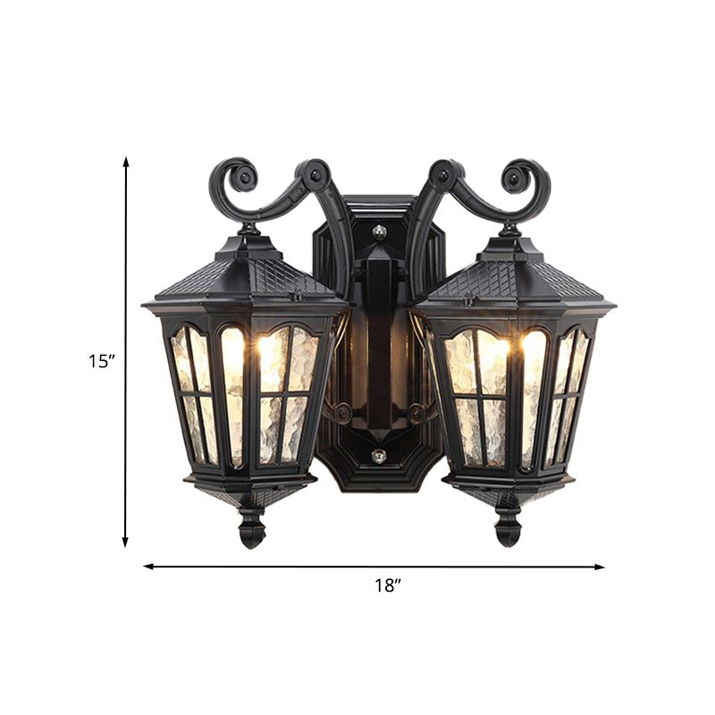 Luz de pared de pared al aire libre geométrica Cañón de agua 2 luces Lámpara de matorral de acabado negro con brazo de doble remolino