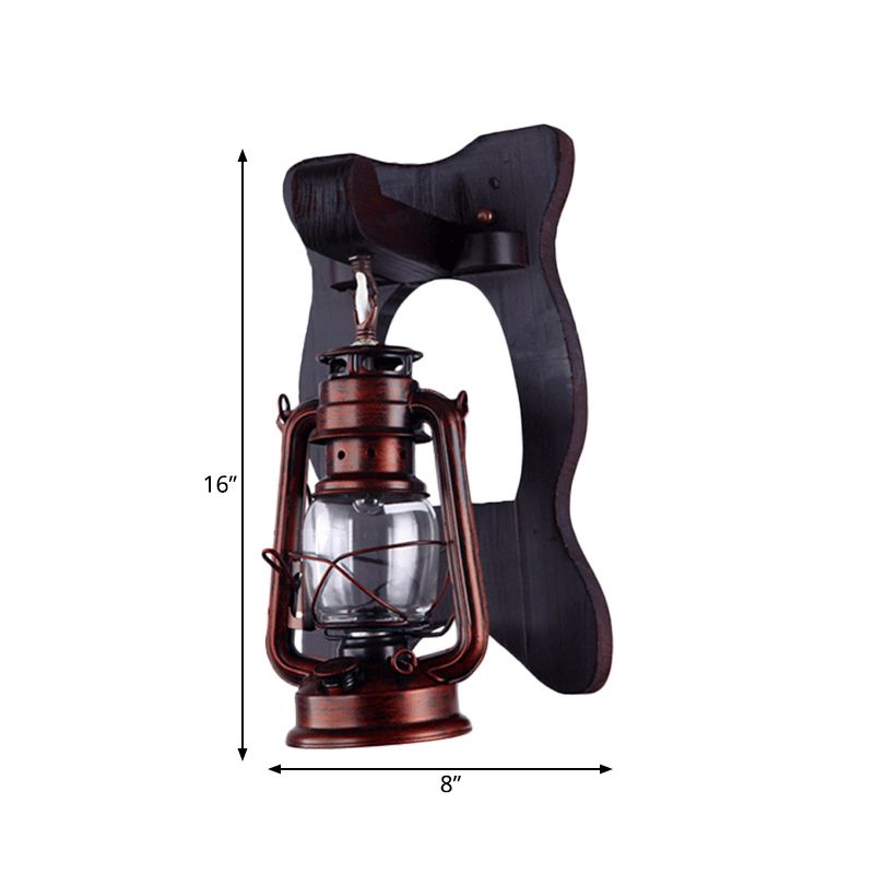 1 Light Wall Sconce Industrial Lantern Clear Glass Wall Lighting Ideas in Copper with Wooden Backplate