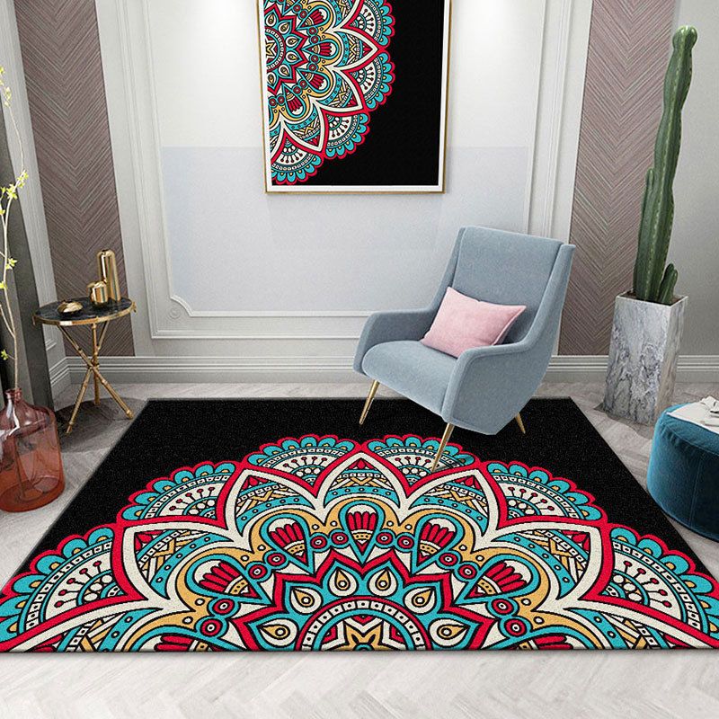 Black Morocco Area Rug Antique Pattern Polyester Area Carpet Stain Resistant Rug for Home Decor