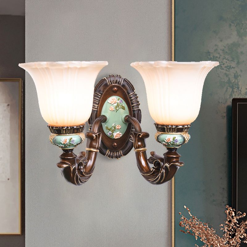 Frosted Glass Brown Wall Light Ridged Bell 1/2-Bulb Rural Wall Sconce Lighting for Guest Room