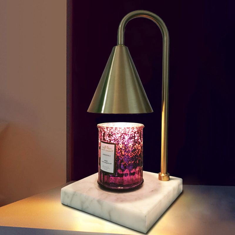 Mid-Century Cone Night Lamp Metal 1 Bulb Bedroom Gooseneck Table Lighting in Black/White/Gold with Marble Tray Base