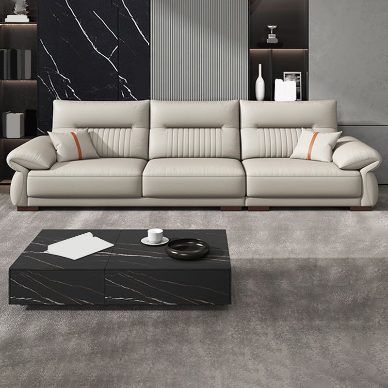Contemporary Cream Stationary Grain Leather Square Arm Sofa & Chaise