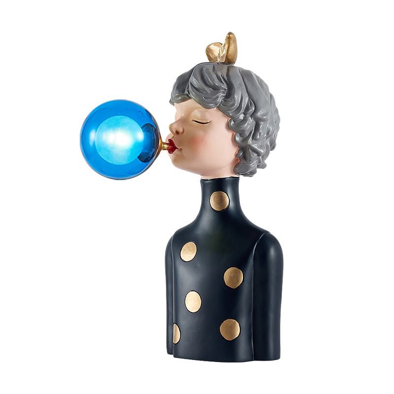 Blowing Bubble Girl Resin Desk Light Cartoon 1 Bulb Black Night Lamp with Clear/Blue/Green Glass Shade
