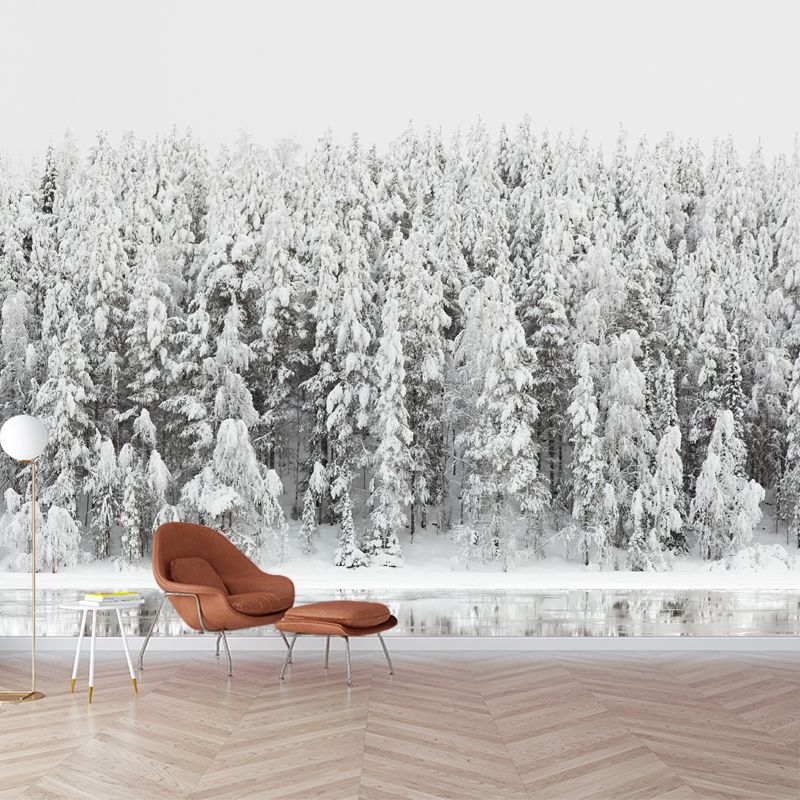 Modern Riverside Snowy Forest Mural Above Bed Personalized Size Wall Art in Grey