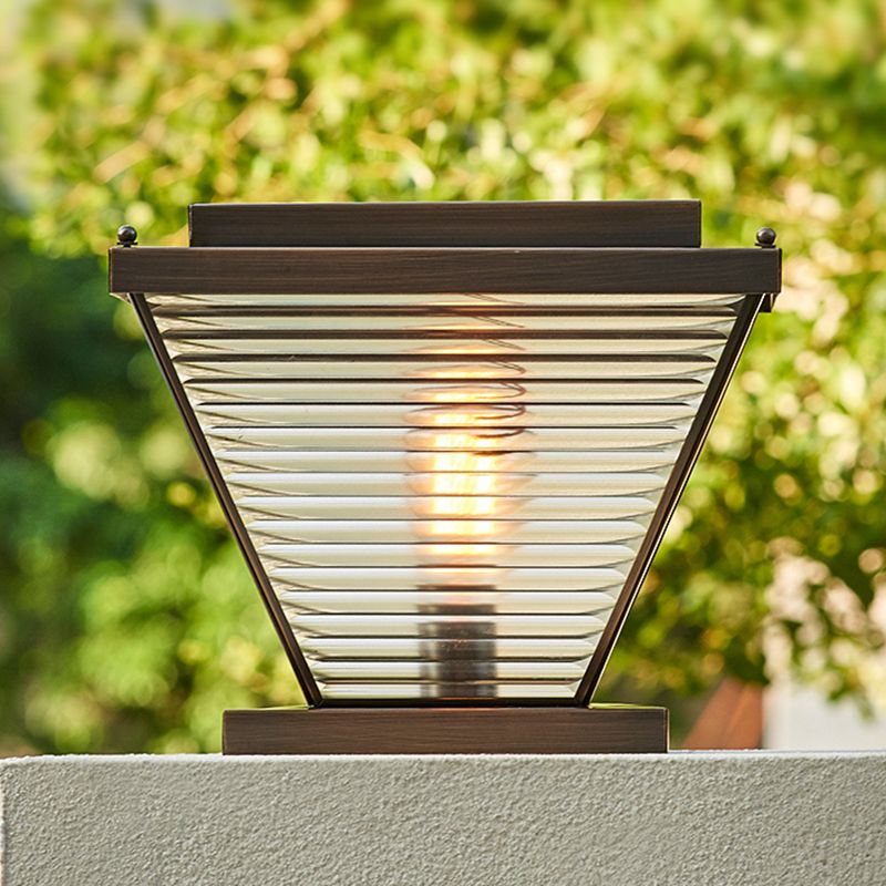1-Light Solar Energy Pillar Lamp Brass Outdoor Light with Glass Shade for Garden