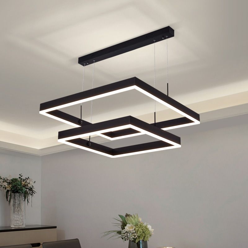 Luce a sospensione nera metallica quadrata al soffitto a led contemporanea per soggiorno