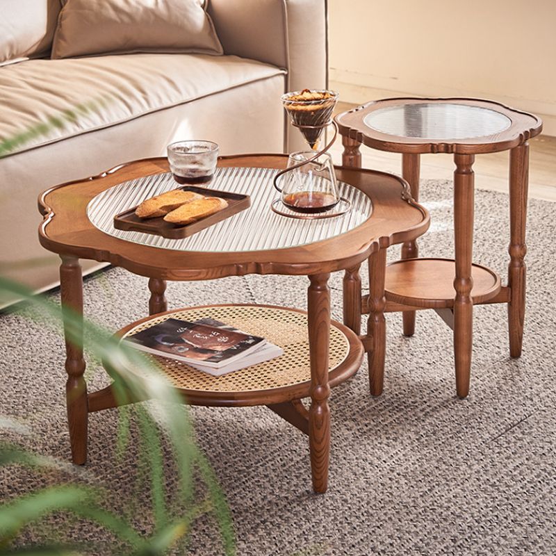 Solid Wood Accent Side Table Living Room Naturally Shaped Double Tier 4 Legs