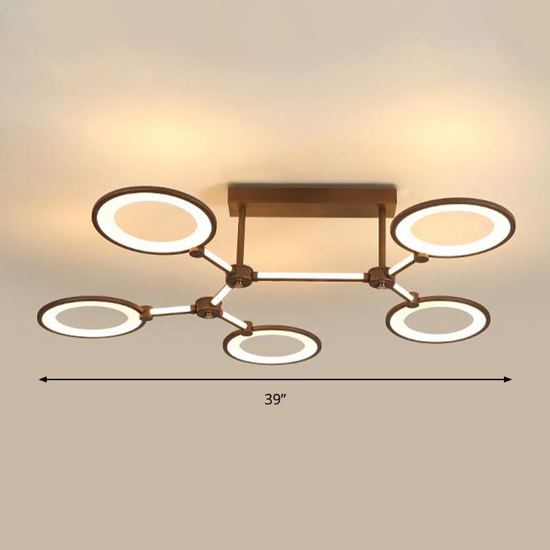 Kreis Ring Wohnzimmer Semi Flush Mount Mount Acryl 5 Lichter zeitgenössische Deckenlampe im Kaffee