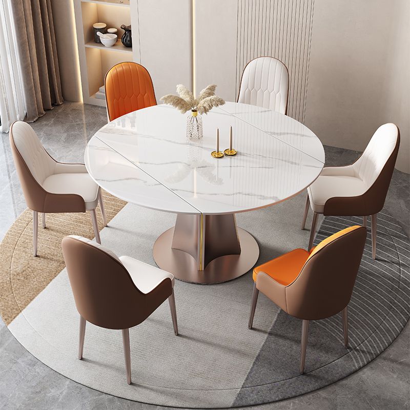 Modern White Round Extendable Dining Table with Metal Pedestal Base