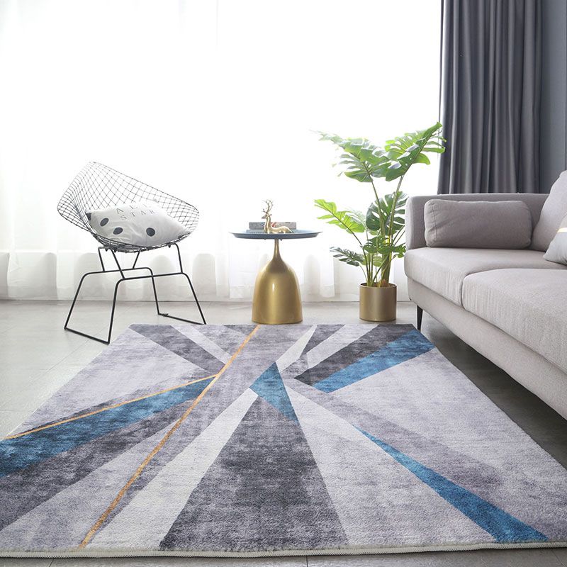 Modern Living Room Rug Blue Polyester Area Rug Geometric Pattern Non-Slip Backing Area Carpet