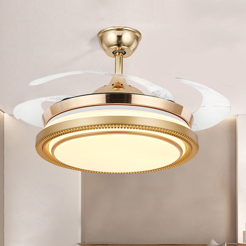 42 "Breedte Acryl Gold ventilatorlamp Ronde LED Minimalistisch semi -spoelbevestigingsplafondlicht met externe/wandregeling, 4 heldere messen