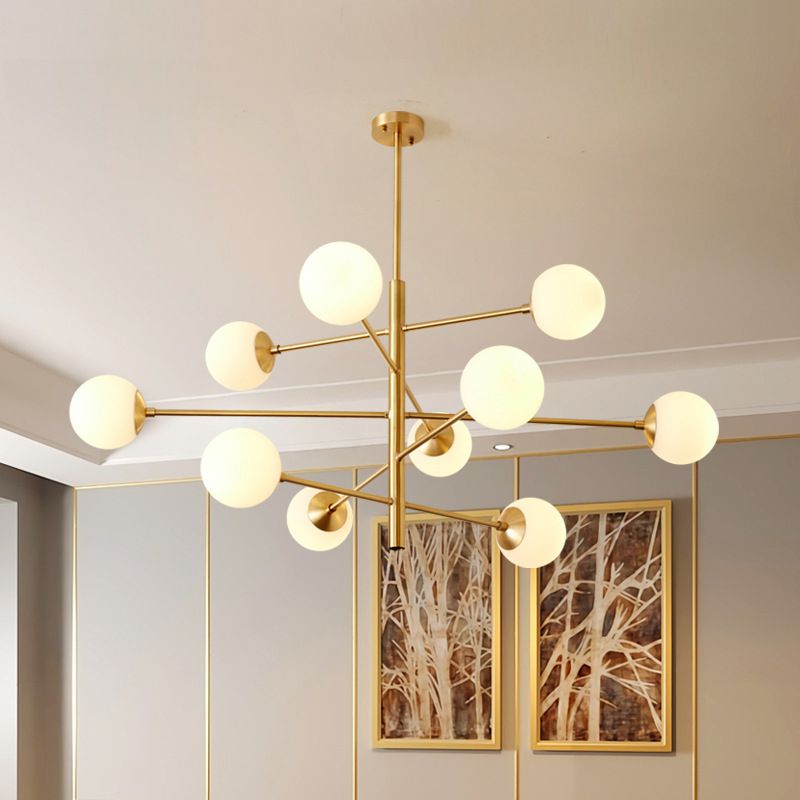 Post-Modern Hanging Chandelier Light Satin Opal Glass Ceiling Chandelier in Gold for Living Room