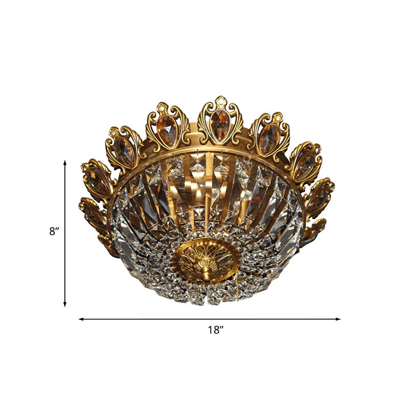 Beveled Crystal Bowl Flush Mount Lighting Traditional 4 Heads Bedroom Ceiling Lamp in Brass