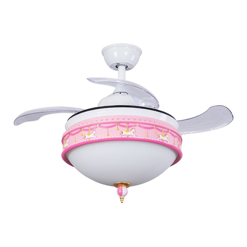 39" W Dome Bedroom Semi Flush Light Metallic LED Cartoon Hanging Fan Lamp in Pink, 3-Blade