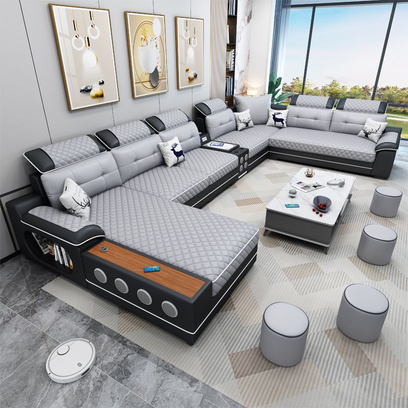 French Country Faux Leather Sectional Sofa with Pillow Top Arms