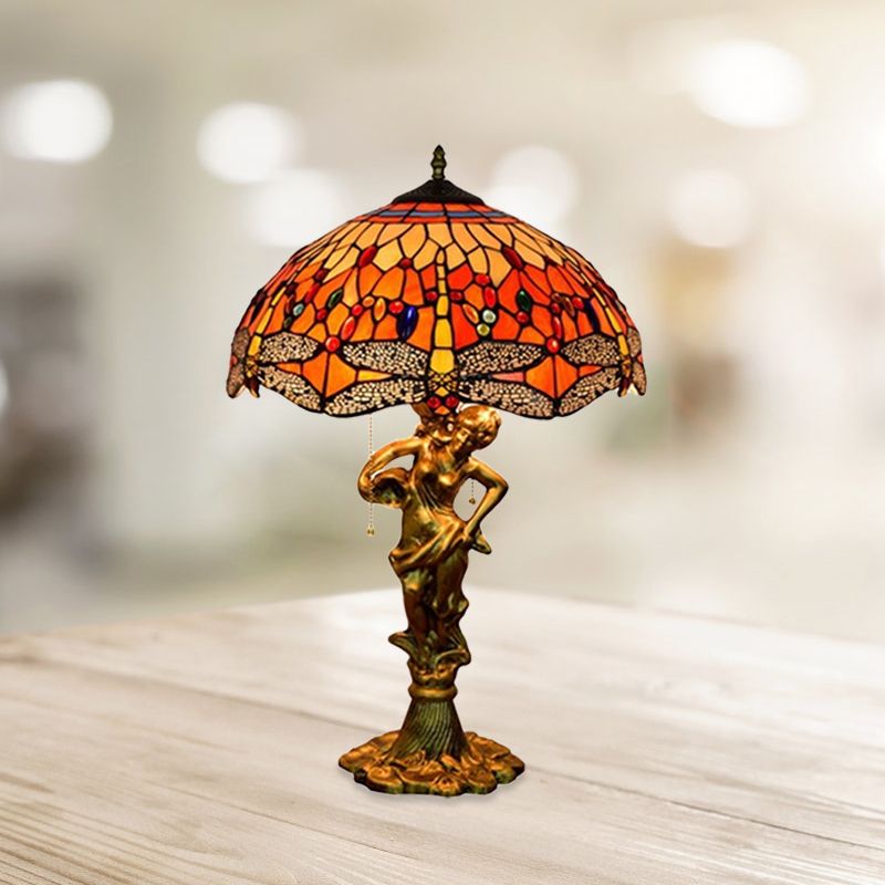 Dragonfly Cabochons Embedded Table Light 3-Light Yellow/Orange/Blue Glass Tiffany Nightstand Lamp with Pull Chain