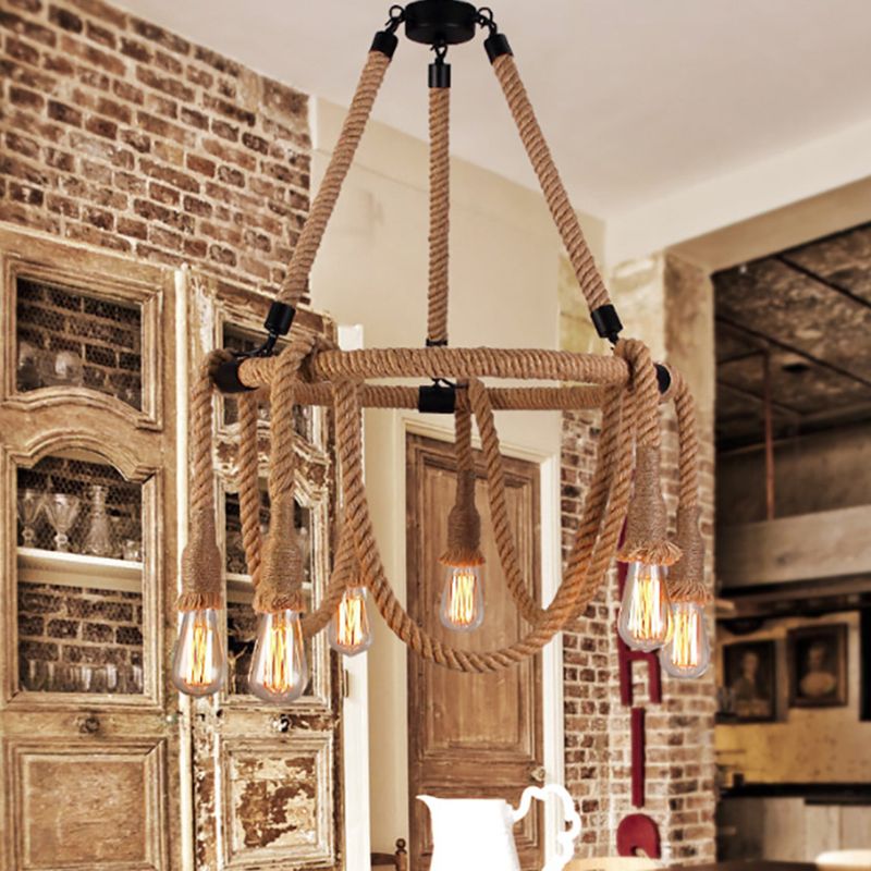 Hemp Rope Exposed Bulb Chandelier Antiqued Restaurant Pendant Light Kit in Beige