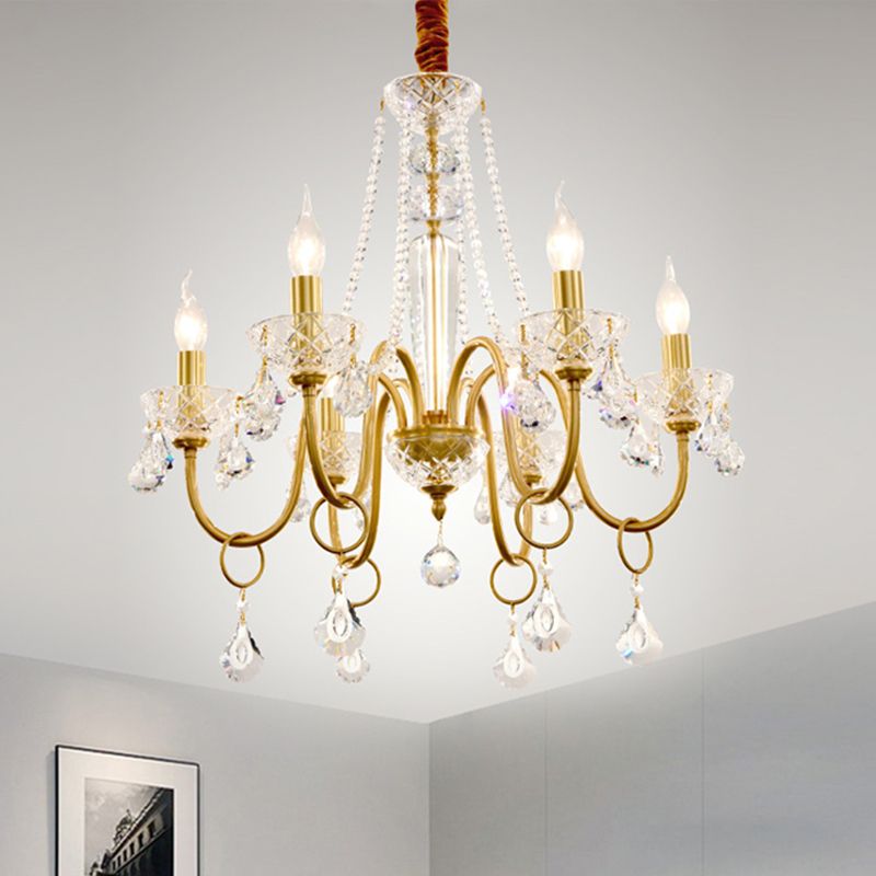 Gouden wervelde arm hanger kroonluchter kroonluchter eenvoudige 6-bulb metalen hangende lamp met kristaldruppel