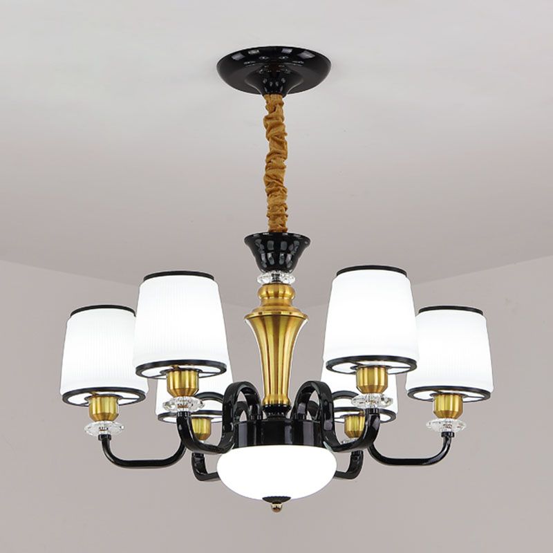 White Glass Barrel Drop Lamp Contemporary Black Chandelier Light Fixture for Dining Room