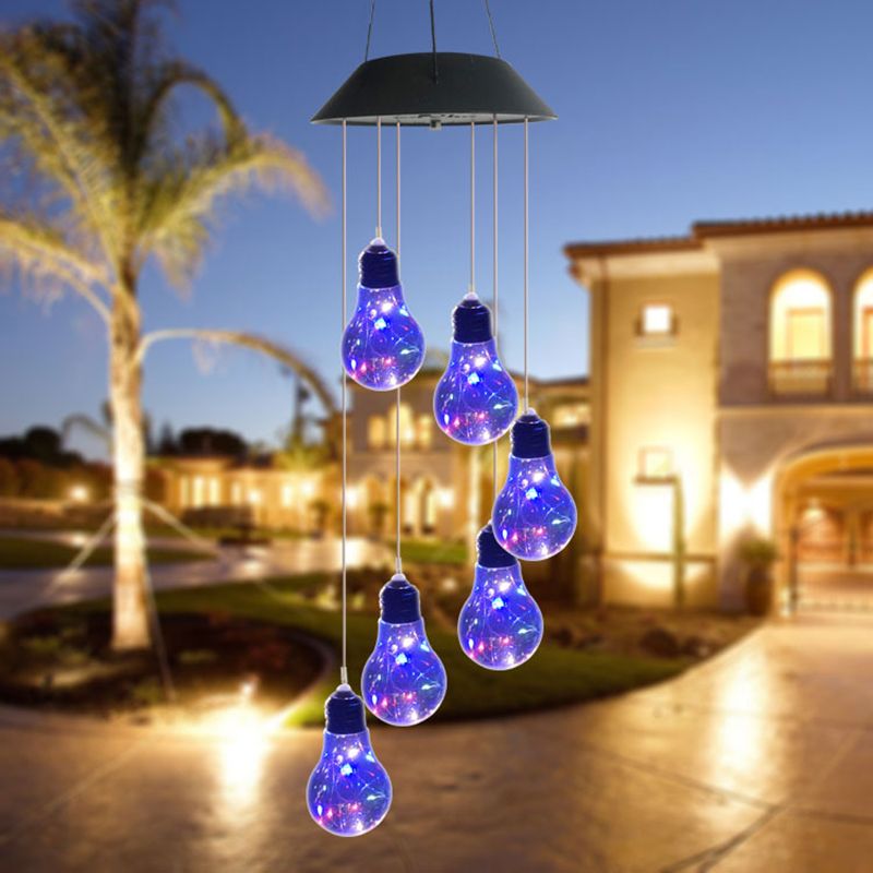 Bulb Shaped Courtyard LED Pendant Light Clear Glass 6 Heads Modern Solar Wind Chime Lighting in Black