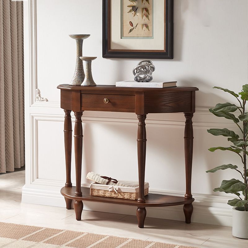 Mid-Century Modern 4 Legs Wood Half Moon Console Table in Brown
