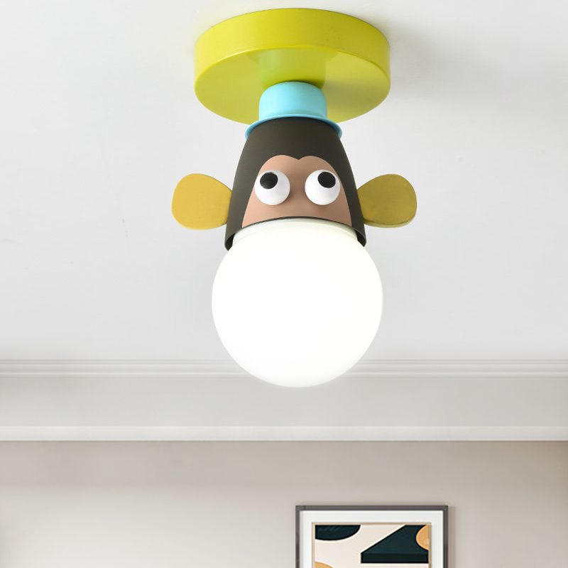 Single Bulb Bedroom Semi-Flush Mount Lighting Kids Yellow Ceiling Lamp with Giraffe / Monkey / Tiger Metal Shade