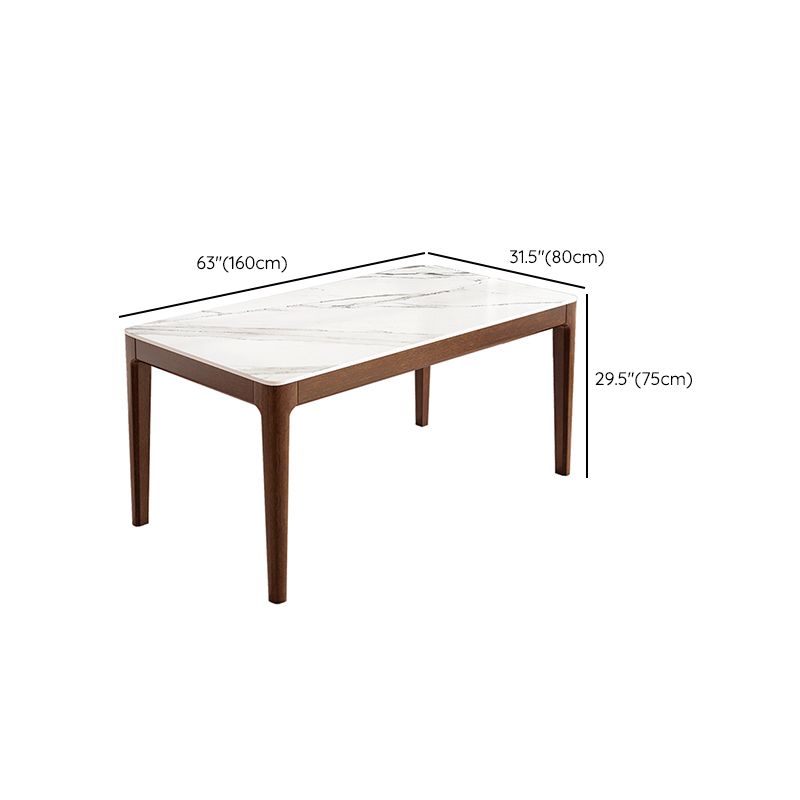 Modern Rectangular Stone Top White Dining Table with 4 Brown Rubberwood Legs