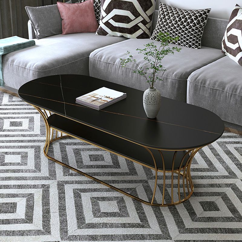 Glam 17.7" H Oval Slate Coffee Table Metal Frame Cocktail Table