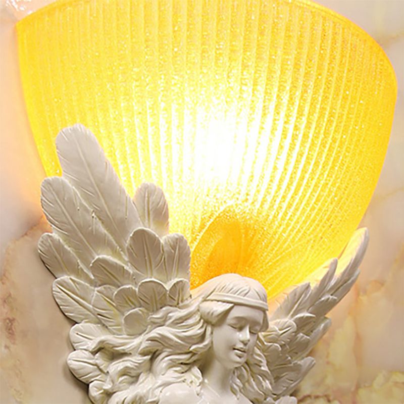 Gold/Silver/White Angel Sconce Lighting Country Style Resin 1 Bulb Foyer Wall Mount Light with Yellow Glass Bowl Shade