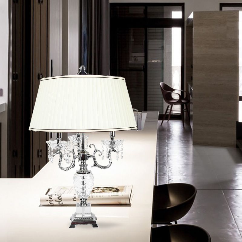 4 Lights Nightstand Lamp Countryside Swooping Arm Clear Crystal Table Light in White