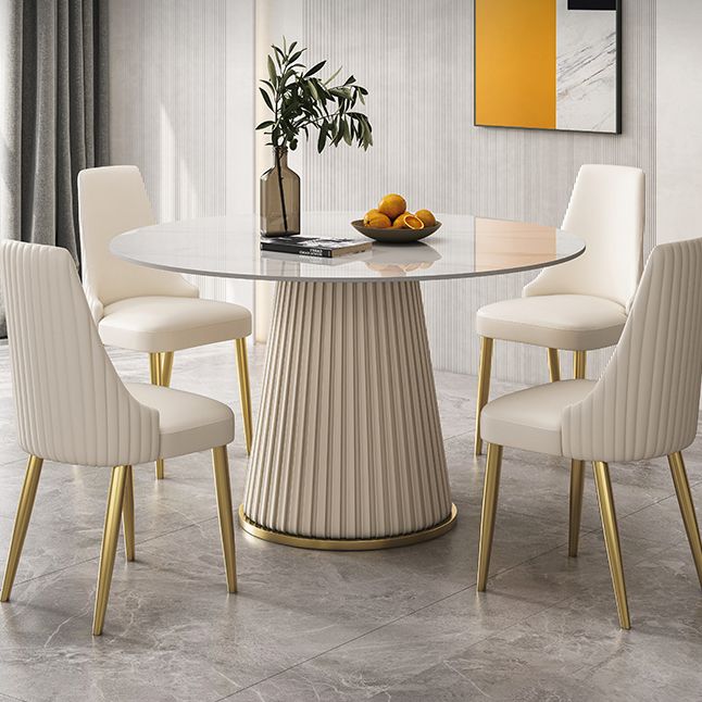Traditional Luxury Dining Table Round White Sintered Stone Table with Pedestal Base