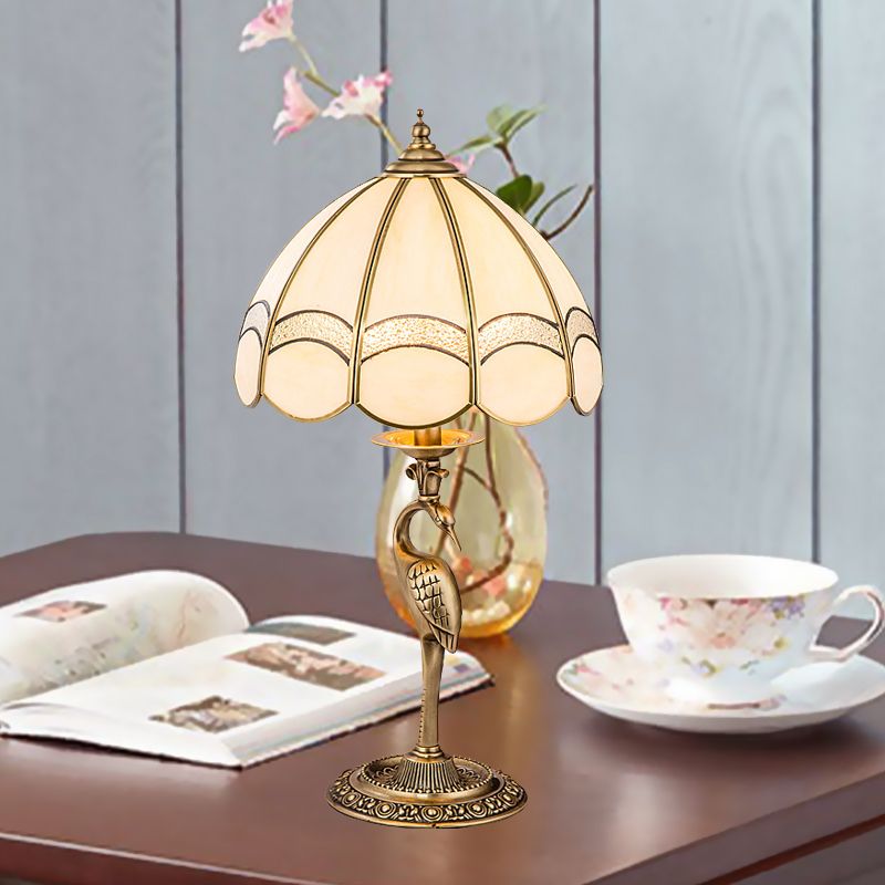 1/2-Light Dome/Bowl Night Lamp Traditional Gold Finish White Glass Nightstand Light with Peacock/Elliptical Frame Design