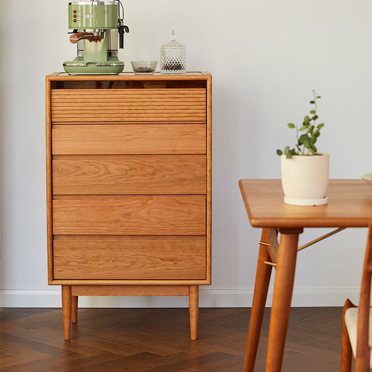 Mid-Century Modern Chest with 5 Drawers and Glass Top in Natural