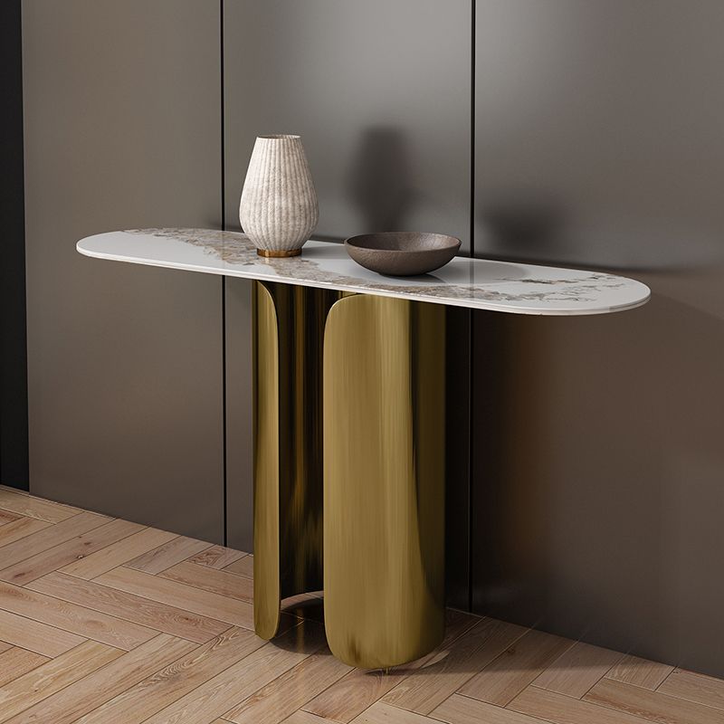 16 inch Wide Glam Console Table Oval Shape Stone Accent Table for Hall