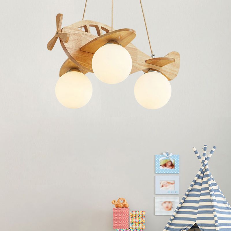 Solid Wood Airplane Shaped Chandelier Light 3-Light White Frosted Glass Ball Shade Lighting Fixture for Children Room