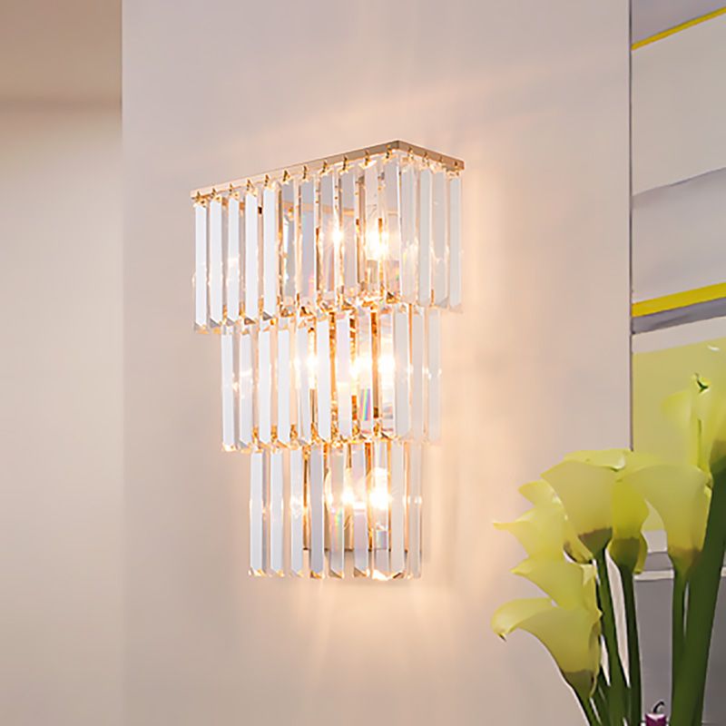Gold Finish Layered Sconce Lighting Vintage Style 3 Lights Clear Crystal Wall Mount Light for Bedroom