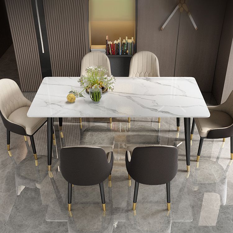 Contemporary Fixed Faux Marble Dining Room Table with 4 Black Metallic Legs Kitchen Dining Set