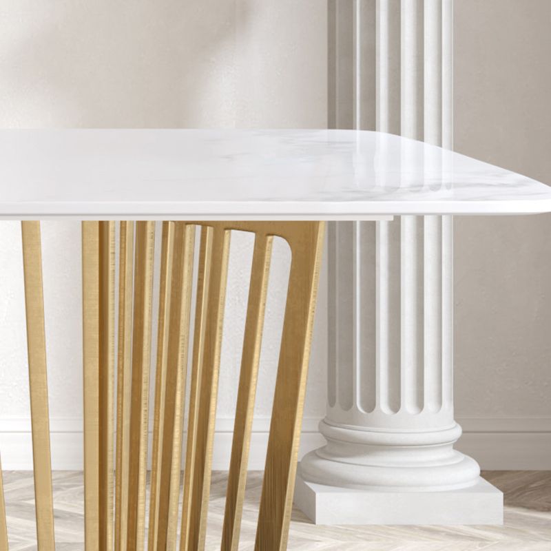 Luxury Sintered Stone Top White Table Rectangle Dining Table with Gold Double Pedestal