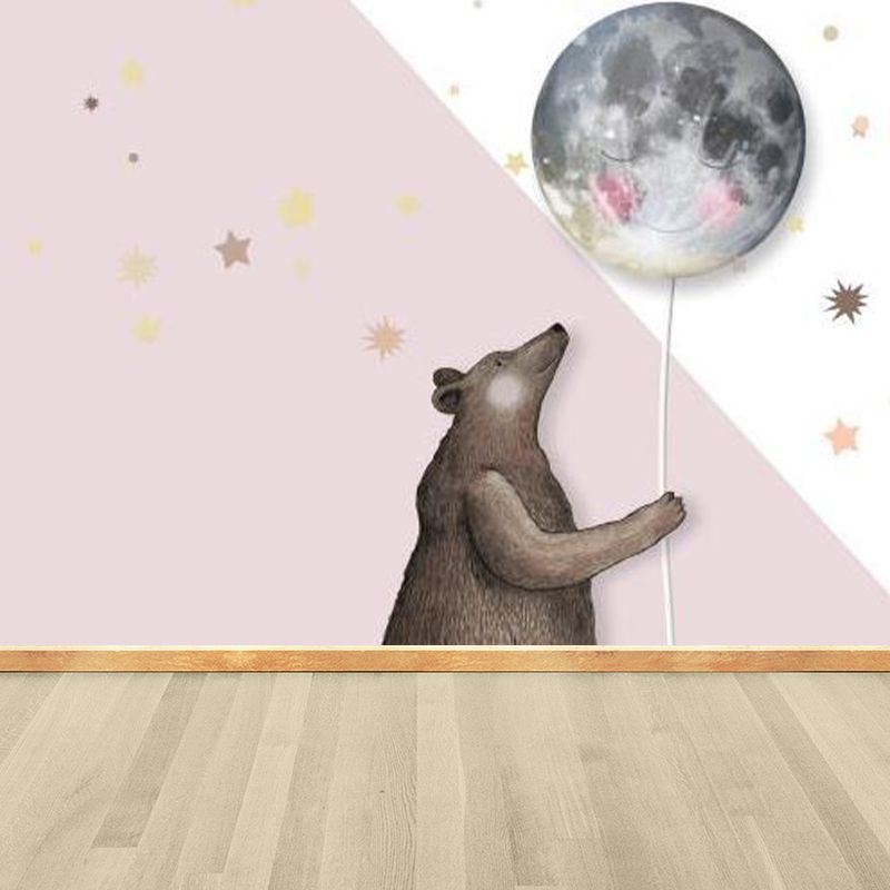 Bear with Moon Balloon Mural Decal Cartoon Non-Woven Cloth Wall Art in Pink for Nursery