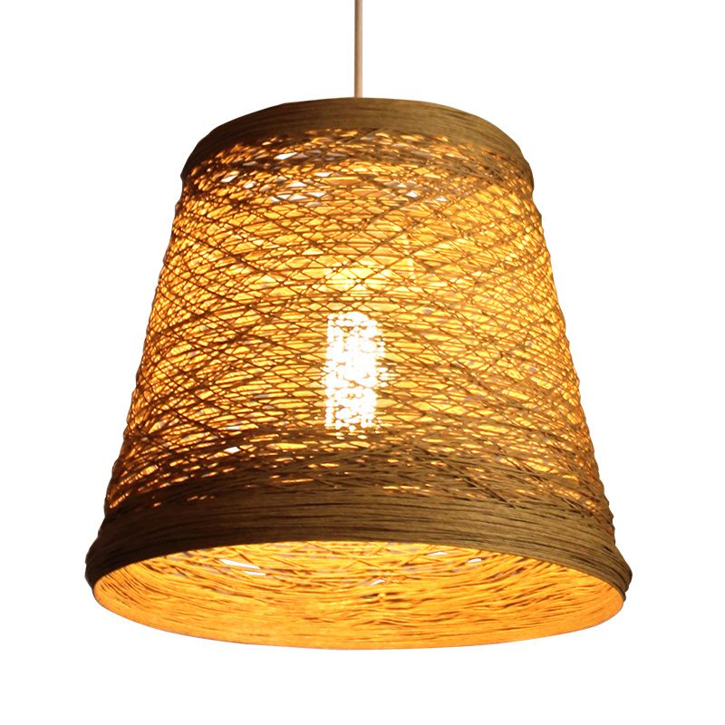 Bamboo Rattan Bucket Pendant Light Rural Single Flaxen Hanging Lamp Kit for Restaurant