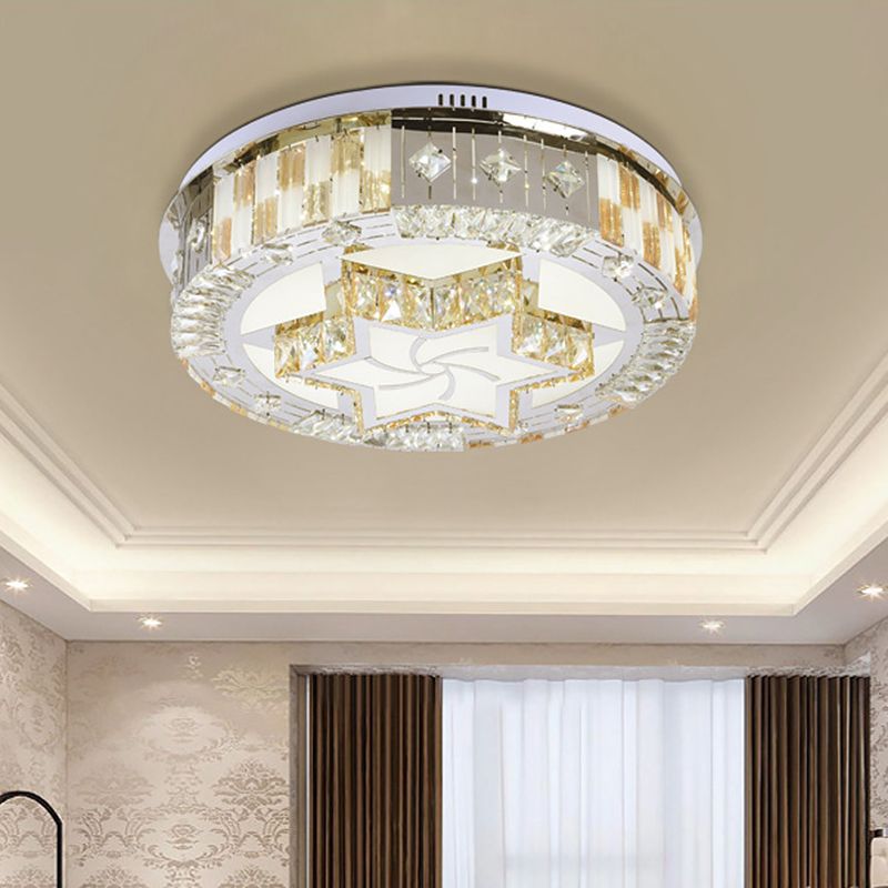 LED Bedroom Flush Mount Modern Chrome Ceiling Lamp with Hexagram Crystal Block Shade in Warm/White Light