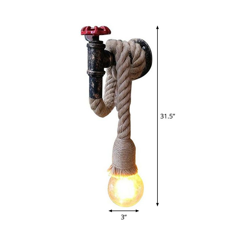 Industrial Faucet Wall Light Fixture 1-Light Hemp Rope Wall Mounted Lamp in Brown for Wine Bar
