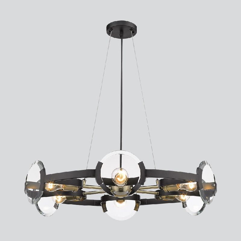 4/6 lumières Circular Pendant Chandelier Farmhouse Black Black Metallic Plafond Light avec une teinte en verre transparent